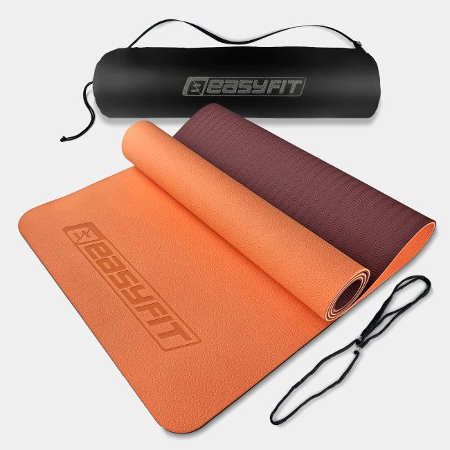 Килимок для йоги та фітнесу EasyFit TPE+TC 6 мм двошаровий + Чохол персиковий-коричневий