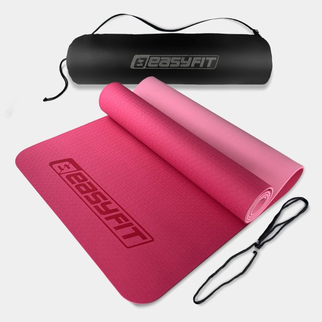 Килимок для йоги та фітнеса EasyFit TPE+TC 6мм двошаровий + Чохол рожевий з св.рожевим