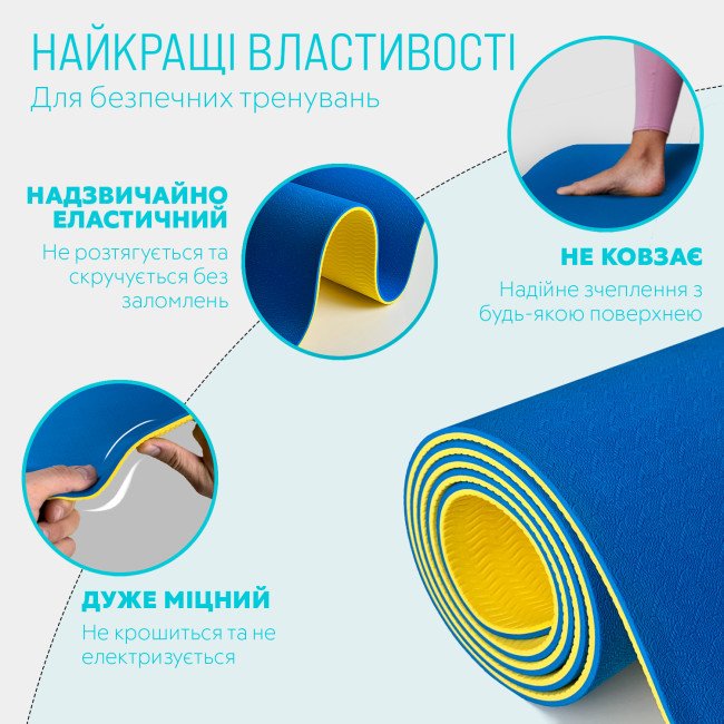 Килимок для йоги та фітнесу EasyFit TPE+TC 6 мм двошаровий + Чохол синій-жовтий