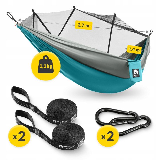 Гамак туристичний Mountain Goat 270 x 140 см з москітною сіткою, одномісний, підвісний Grey/Turquoise (P-5905973408011)