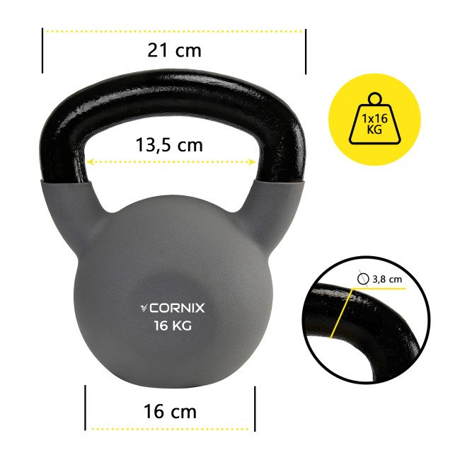 Гиря металева Cornix 16 кг з вініловим покриттям XR-0438 Grey/Black